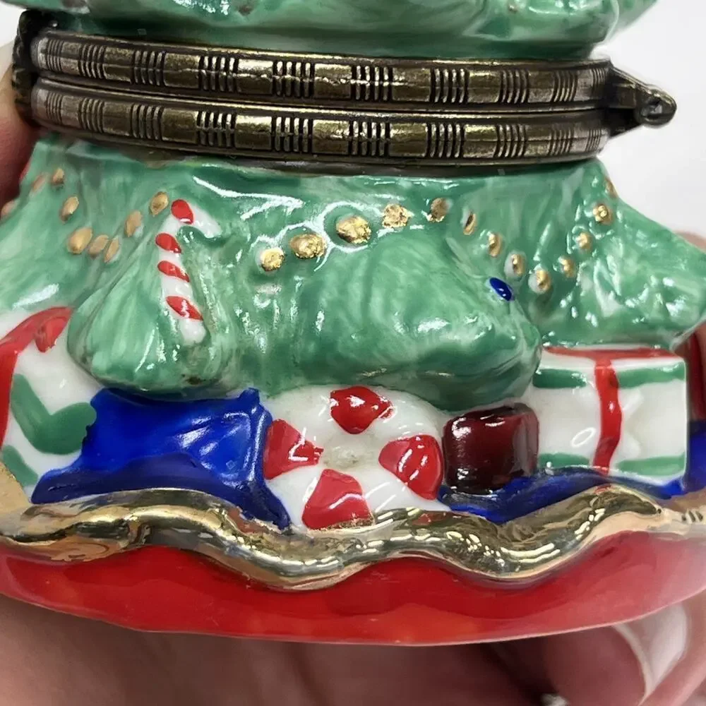 Christmas Tree Hinged Trinket Box Ceramic w/ Metal Closure Star Gifts